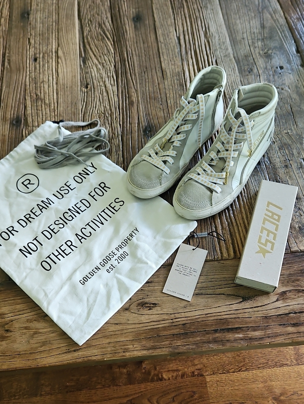 Golden Goose Off-White and Beige High-Tops W/original gray laces & Gold Star
